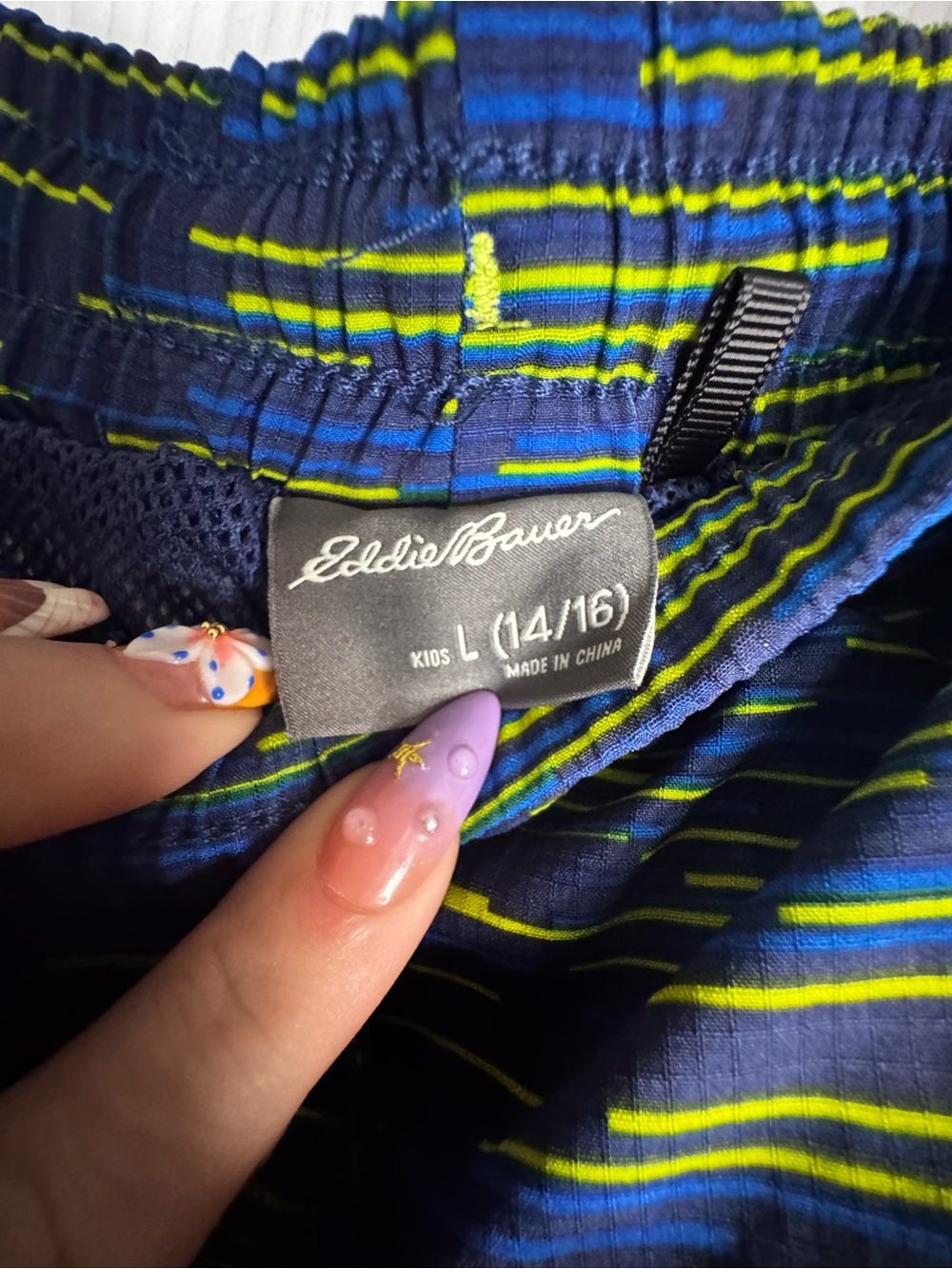 EUC Boys Swim Trunks in Navy & Lime Green Stripe Size L(14/16) - Picture 4 of 5